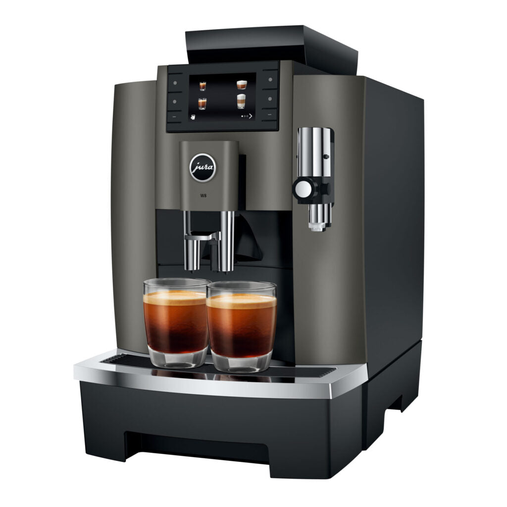 JURA W8 Dark Inox koffiemachine - De beste volautomatische koffiemachine met 17 koffiespecialiteiten, Professional Aroma Grinder en Pulse Extraction Process voor optimale koffieprestaties.